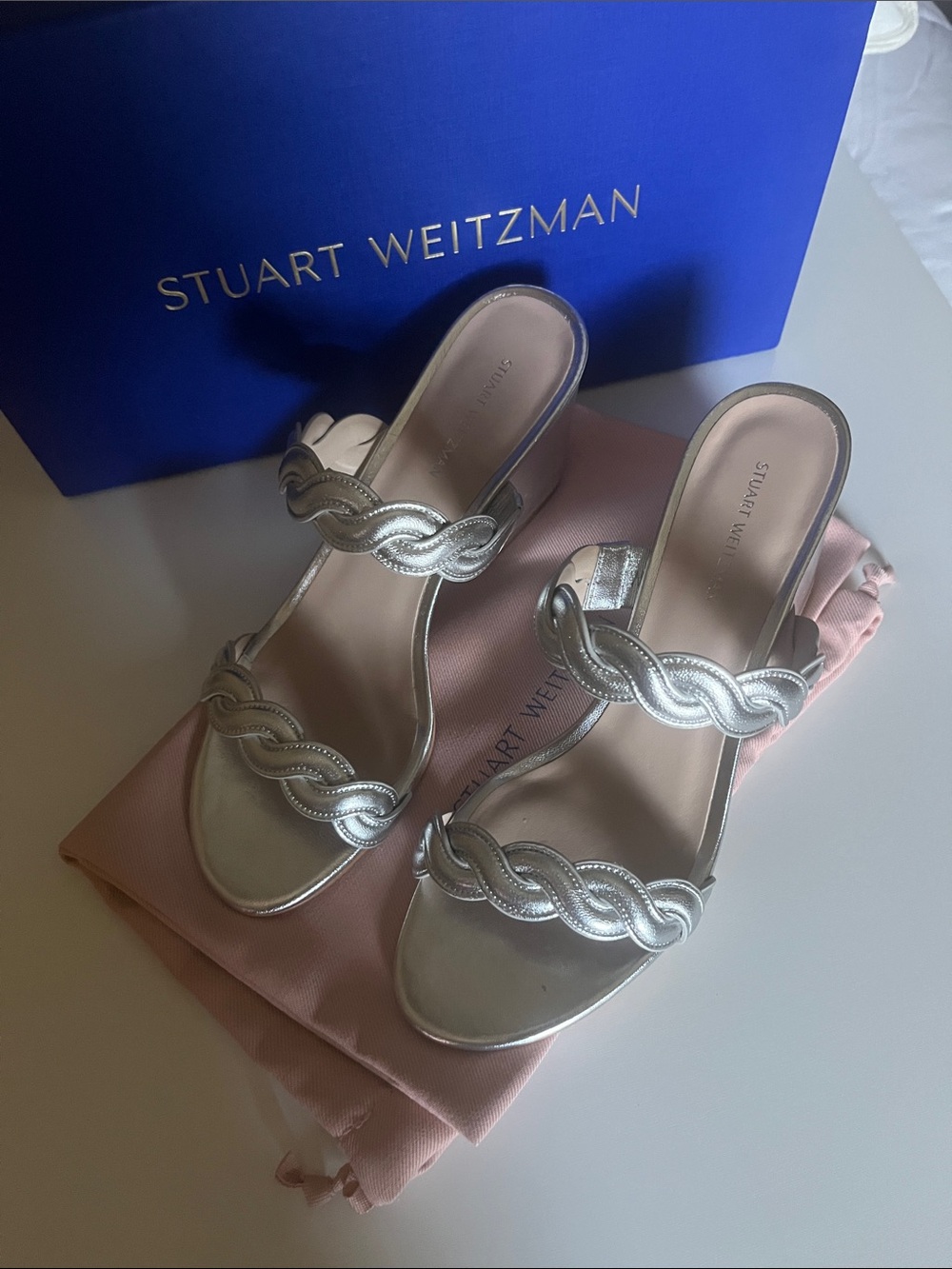 Size 7.5 Stuart Weitzman Metallic Silver Braided-Strap Slide Mules - Picture 2 of 11